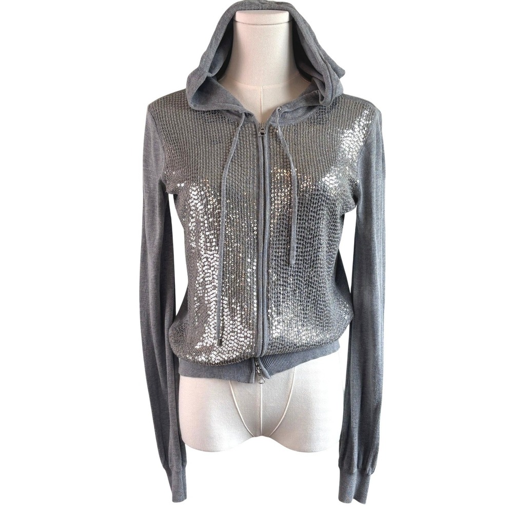 Haute Hippie Hoodie Gray Womens XS Sequin Silk Cashmere Blend Zip Up Sweater